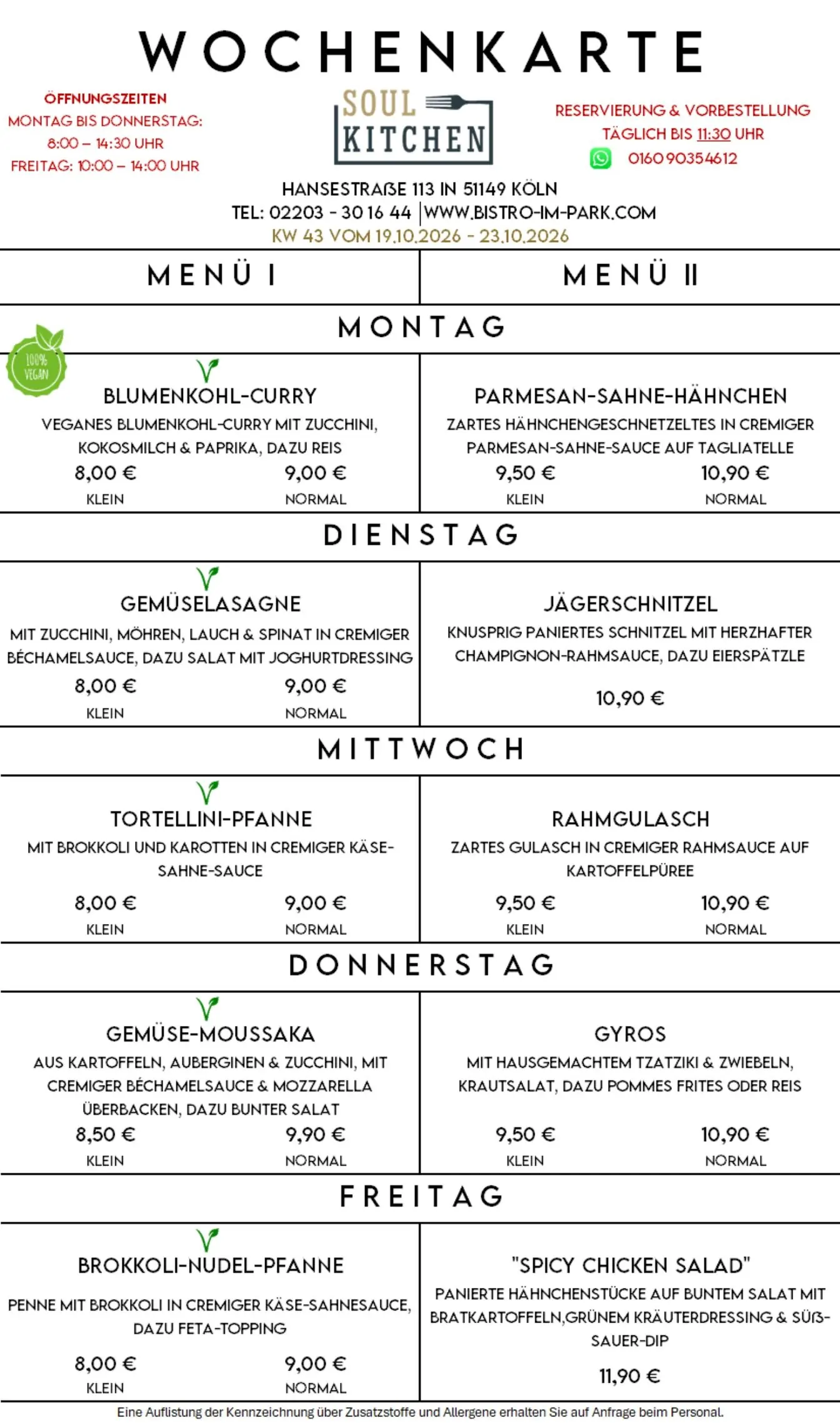 Wochenkarte von Soul Kitchen mit Menü I und Menü II für Montag bis Freitag